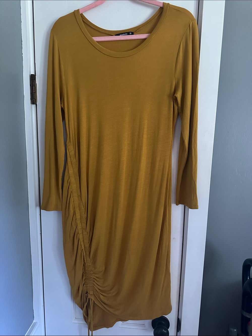 Annabelle Mustard Yellow Ruched Drawstring Side Long Sleeve Midi Dress Medium